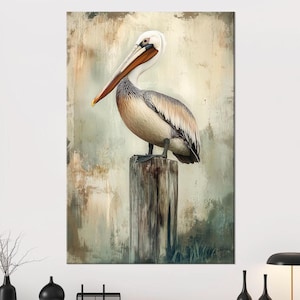 Pelican large canvas wall art prints Coastal wall decor Sea bird print Brown pelican art Nautical beach house decor