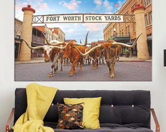 Fort Worth Stockyards Longhorn Bull Canvas Print – Texas Wall Art (Ready to Hang)