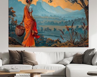 Indian Woman Canvas Print, Ethnic Landscape Wall Art