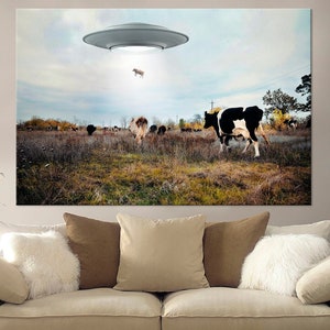 UFO and Cows canvas print UFO wall art Funny print Cow UFO Spooky decor Large canvas art Retro Home decor