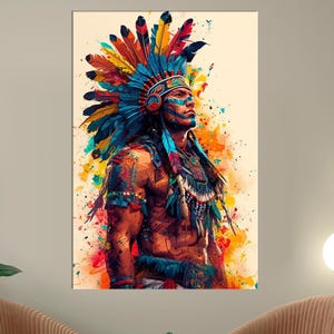 Native Americans large canvas wall art prints Tribal portrait decor Indigenous Chief print Colorful American Indian Chief art