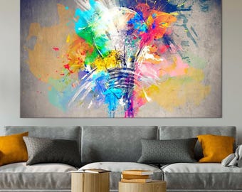 Abstract Light Bulb Canvas Print: Colorful Graffiti Splash Modern Wall Art