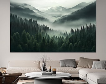 Foggy Forest Canvas Print, Misty Mountain Pine Tree Wall Art