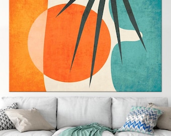 Geometric Mid Century large canvas wall art prints Modern wall decor Palm leaf print Orange Sun Abstract wall art