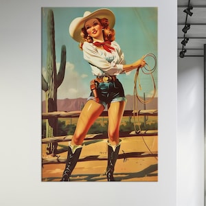 Cowgirl wall art Southwest decor Pin Up Cowgirl illustration Large canvas art Retro Cowgirl art print Wild Western decor 1950s Americana art