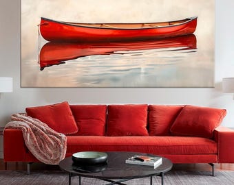 Red Canoe Canvas Wall Art Print: Coastal Lake House Decor
