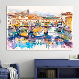 Florence Ponte Vecchio Watercolor Canvas Print – Italian Cityscape Wall Art Home Decor