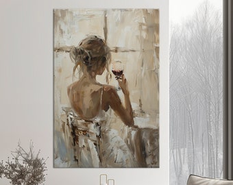 Woman with Wine Glass canvas print Neutral beige wall art Romantic Women painting print Wine Lover Gift