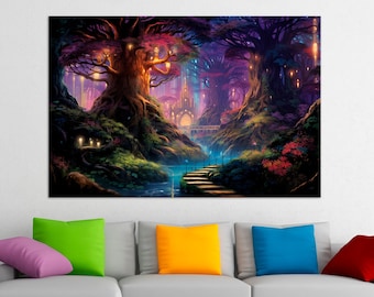 Enchanted Forest canvas print Fireflies art Fantasy Forest wall art Large canvas art Magical Forest Kids room decor