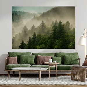 Foggy Forest canvas print Mountain wall art Morning fog art Pine Trees forest Landscape Large canvas art