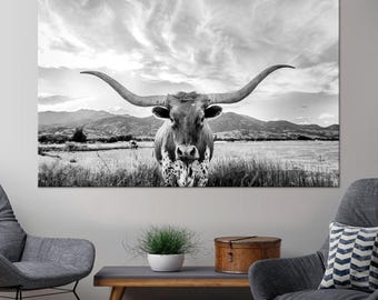 Texas Longhorn Cow Canvas Wall Art: Black and White Farmhouse Rustic Animal Print