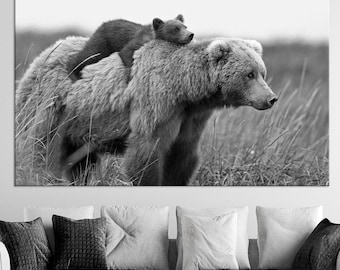 Bear large canvas wall art prints Bear Cub nursery wall decor Baby Animal prints Black white Bear art Brown bear wall art