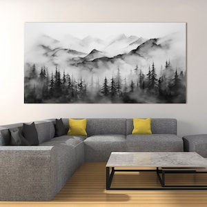 Foggy forest canvas print Mountain landscape wall art Black white art Misty Forest print Nature Large canvas art