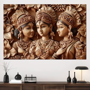 Indian Women large canvas wall art prints Traditional Indian decor Ethnic wall art Wooden texture canvas Cultural print