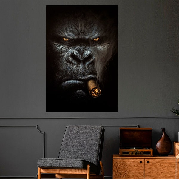 Smoking Gorilla canvas wall art Animal wall decor Angry Gorilla a Cigar print Man cave decor Living room wall art