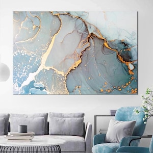 Abstract Marble Canvas Wall Art: Blue Gray Textured Print, Ready to Hang