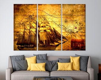 Old Pirates Treasure Map wall art canvas Pirate Ship on Vintage Nautical map print Pirate Map Large canvas art