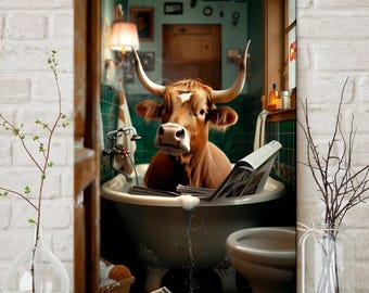 Cow in Bathtub Canvas Wall Art, Funny Bathroom Decor, Ready to Hang Print