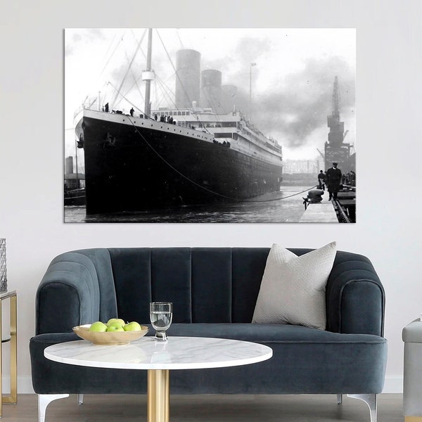 Titanic black and white canvas print Port canvas Titanic wall art Vintage print Titanic canvas Liner print art Living room decor