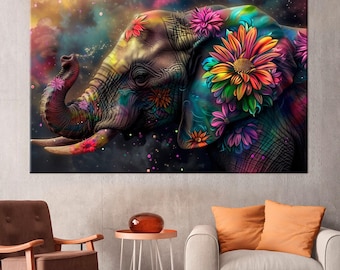 Lienzo decorativo con estampado de elefantes florales: decoración abstracta y colorida para la sala de estar.