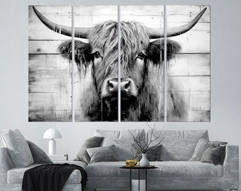 Highland Cow print Rustic Farmhouse wall art Cow canvas print Wooden background black white Highland Cow Large canvas art