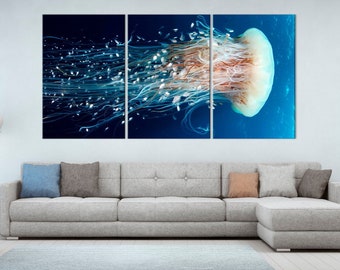 Jellyfish wall art canvas Ocean Animals Nautical wall art Jellyfish Large canvas art Blue and White Underwater painting print