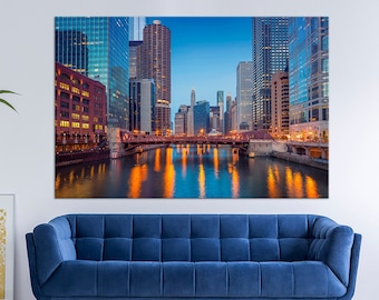 Chicago Skyline canvas print Chicago Night City wall art Chicago canvas Modern art Cityscape Office wall decor