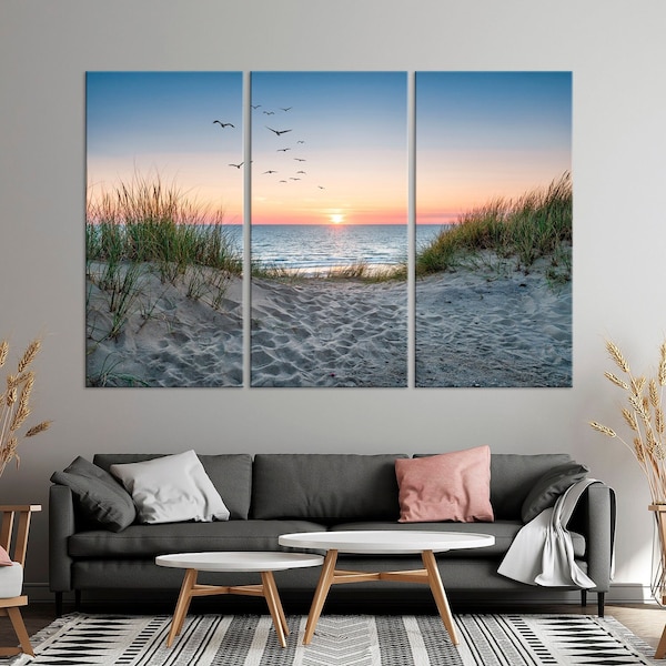 Beach sunset canvas art Sea seascape print Birds over the sea Sunset Sunrise Sand beach Landscape print living room decor