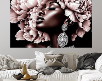 Floral Head Woman Canvas Print: Black Girl Peony Fashion Wall Art (Ready to Hang)