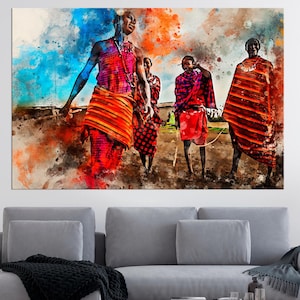African Masai large canvas wall art prints Ethnic wall decor Masai tribe watercolor print Modern African tribal art