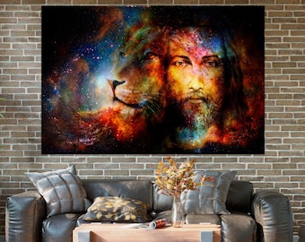 Jesus the Lion of Judah canvas print Bible verse wall art Lion and Jesus Large canvas art Christian art Living room decor