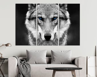 Wolf wall art Animal print Wildlife art Black and white Wolf canvas print Blue eyes Wolf painting print Large canvas art