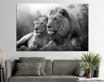 Lion and Lioness canvas print Black white Lion family Large canvas art Safari animals Bedroom wall decor