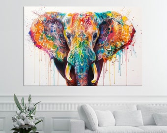 Colorful Elephant canvas wall art Animal print Elephant painting print Colorful wall decor Large canvas art