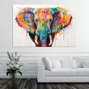 Colorful Elephant canvas wall art Animal print Elephant painting print Colorful wall decor Large canvas art Single Panel