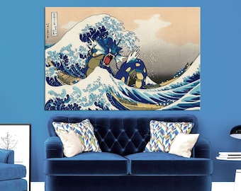 The Great Wave off Kanagawa wall art Gyarados art Large canvas art Funny Great Wave canvas Video Game playroom art