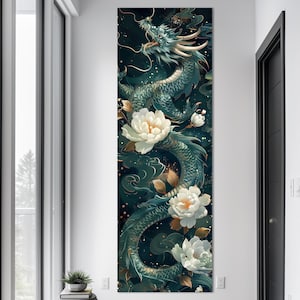 Chinese Dragon large canvas wall art prints Asian decor Japanese art print Lotus flowers wall art Fantasy Dragon vertical print