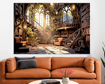 Fantasy Library canvas print Library decor Book Reading Nook art Library painting print Book lover gift Large canvas art