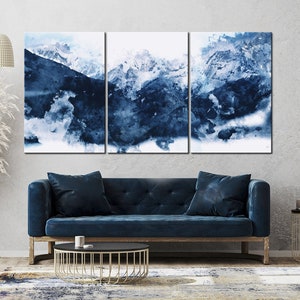 Blue Mountain art prints Misty Mountain wall art canvas Abstract Mountain Watercolor print Large wall art Blue Abstract wall art Living room