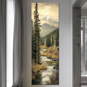 Mountain forest large canvas wall art prints Landscape painting Mountain wall art Nature print Forest painting Tall narrow wall art