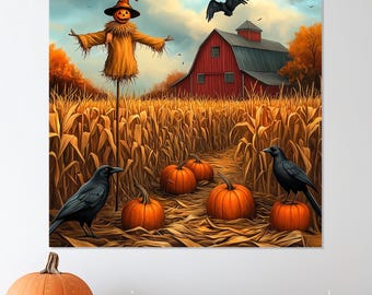 Halloween Scarecrow Canvas Print: Gothic Autumn, Spooky Decor