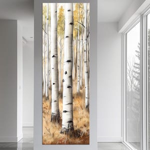 Arbres d'automne de bouleaux, grande toile, impressions d'art mural, art mural de forêt, impression de forêt de bouleaux, art de la nature long et étroit, décoration d'intérieur