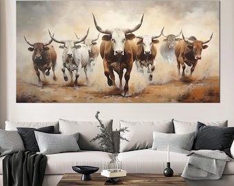 Texas Longhorns Herd Canvas Print: Rustic Farmhouse Western Wall Art