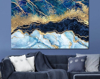 Navy Blue Gold Marble Abstract Canvas Print, Luxury Wall Art Ready to Hang