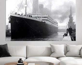 Titanic Ocean Liner Canvas Print: Vintage Black and White Port Scene Wall Art
