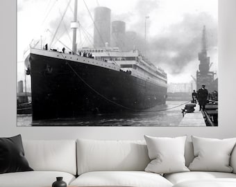 Titanic Ocean Liner Canvas Print: Vintage Black and White Port Scene Wall Art