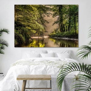 Forest canvas wall art  Forest River painting Sun Forest prints Forest Tree decor Nature wall art Wall art living room Extra large wall art