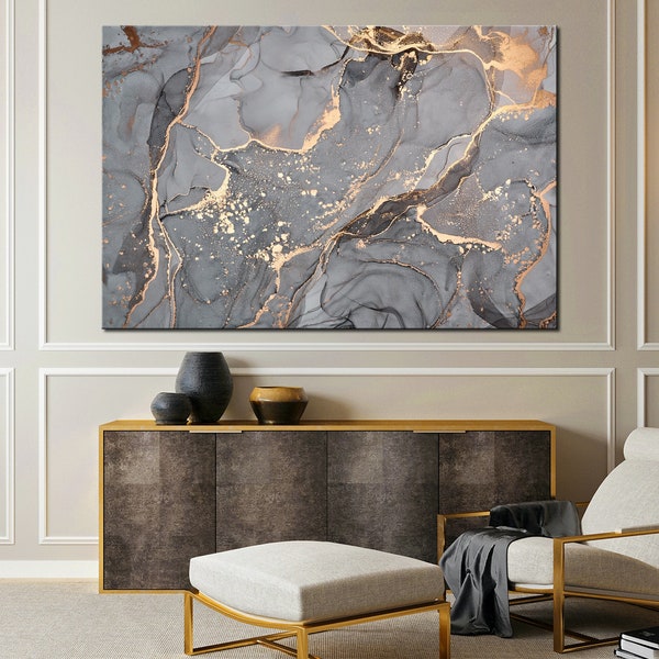 Abstract Canvas wall art Grey gold marble art Living room decor Marble print Oversized wall art Contemporary art