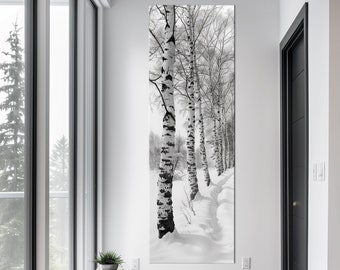 Lienzo impreso de un bosque de abedules en blanco y negro, arte paisajístico vertical.