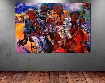 Jazz print Black Jazz Band on Canvas Music wall art African American Art Saxophone Music art prints Large canvas wall art